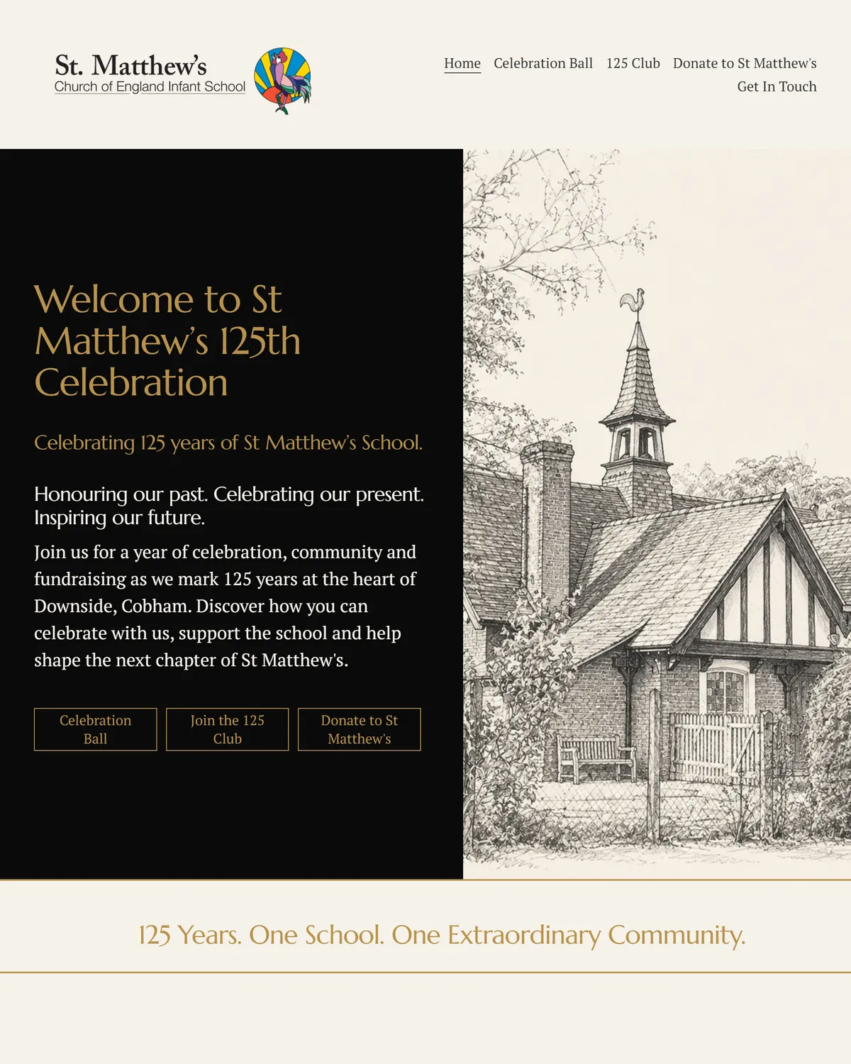 The homepage of the St Matthew's 125th celebration website, with links to the Celebration Ball, the 125 Club and donations.